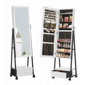 Modern Black Metal White Wood Jewelry Armoire Cabinet Organizer Mirror on Wheels (Color: Black Metal) Modern Black Metal White Wood Jewelry Armoire Cabinet Organizer Mirror on Wheels (Color: Black Metal)